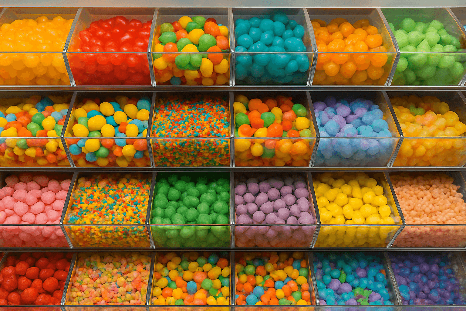 Rows of colorful candy bins inside Sugar Fix