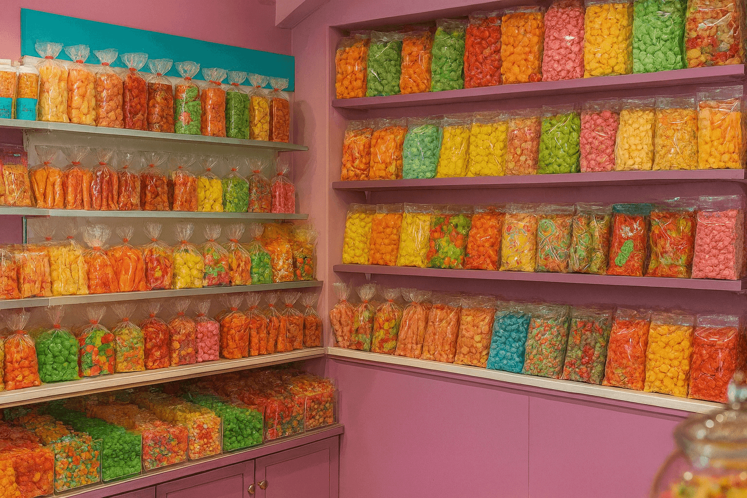 Shelves of colorful bagged candies inside Sugar Fix